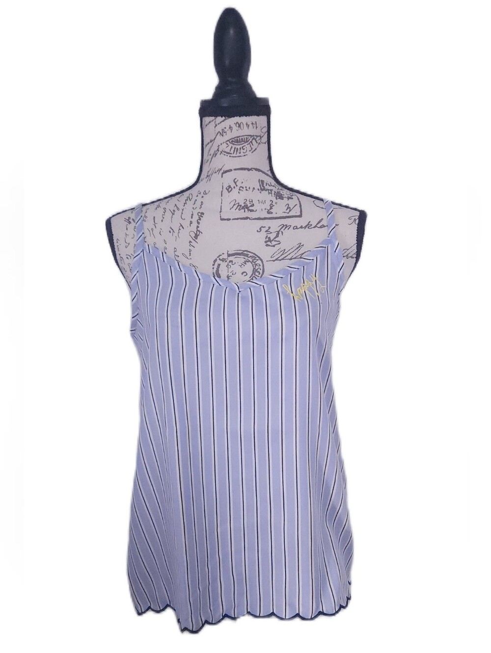 Rae Dunn Light Blue and White Striped Tank Top With Embroidered "Happy" Small